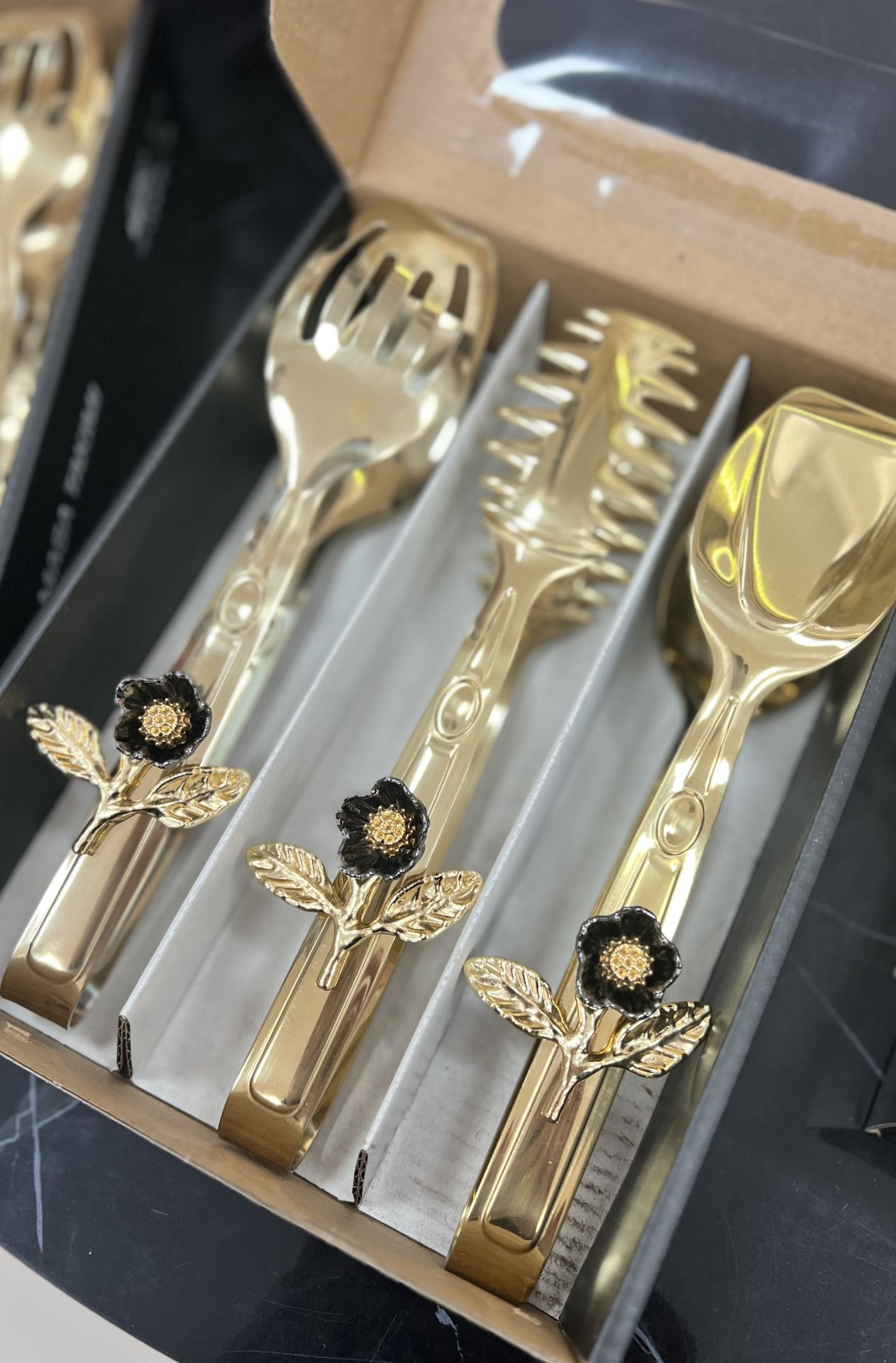 Çiçek Detaylı Gold 3lü Maşa Set