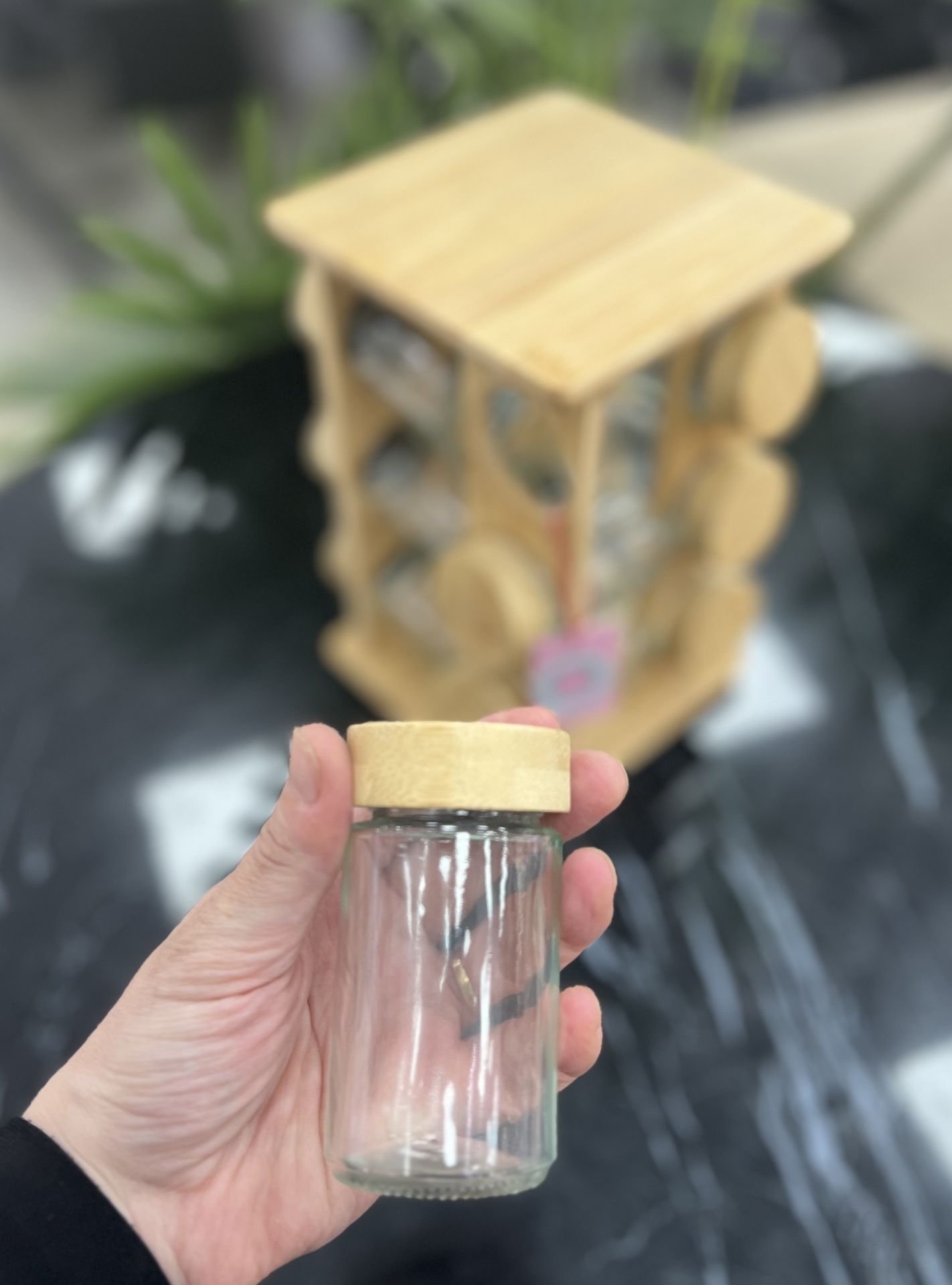 12 li Bambu Cam Döner Standlı Baharatlık Set