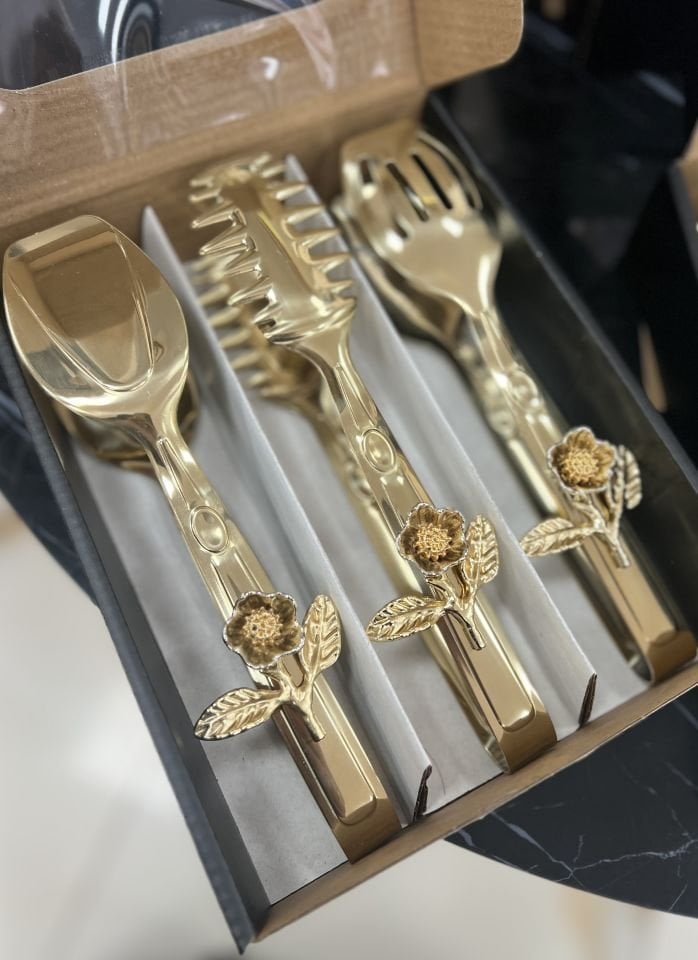 Çiçek Detaylı Gold 3lü Maşa Set