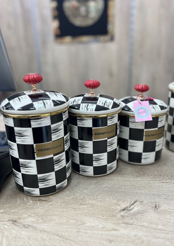 Acar Kitchen Damalı Emaye 3lü Kavonoz Set (Büyük)