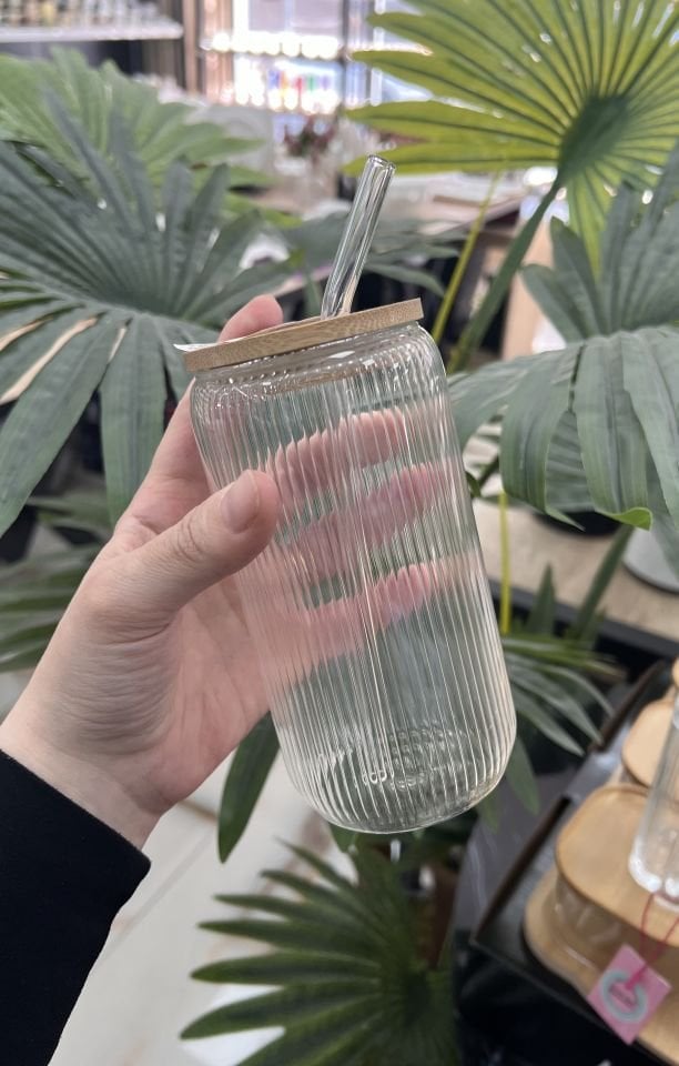 Bambu Kapaklı Cam Pipet Hediyeli Bardak 550ml