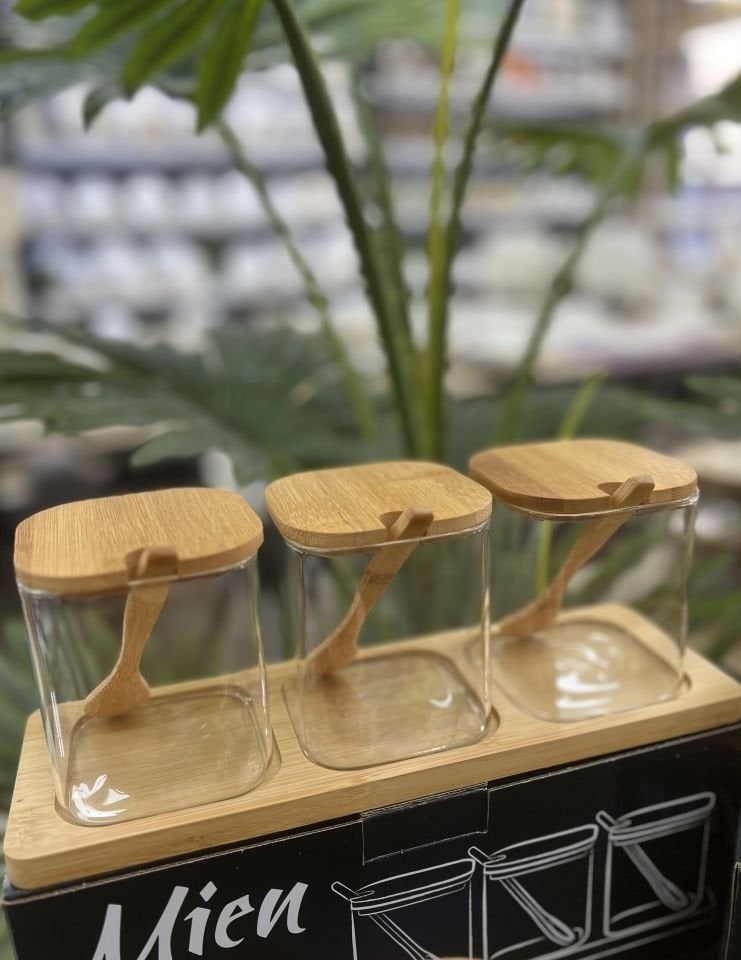 Bambu Standlı 3lü Cam Baharat Set