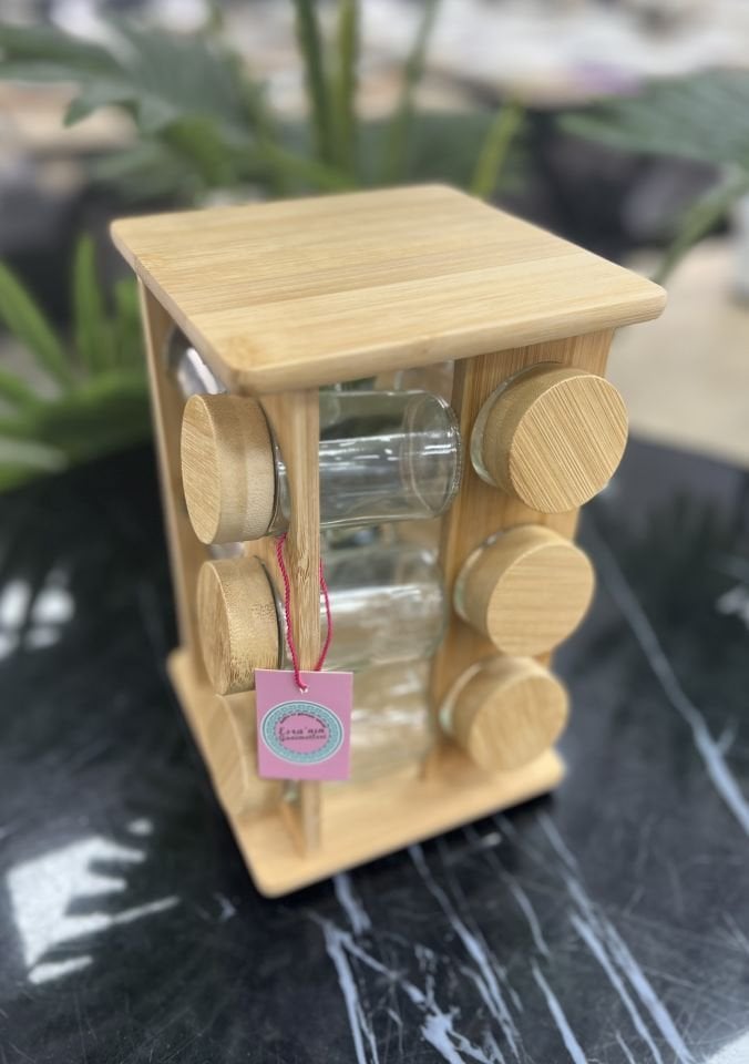 12 li Bambu Cam Döner Standlı Baharatlık Set