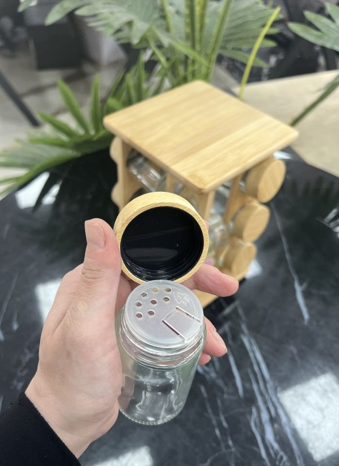 12 li Bambu Cam Döner Standlı Baharatlık Set