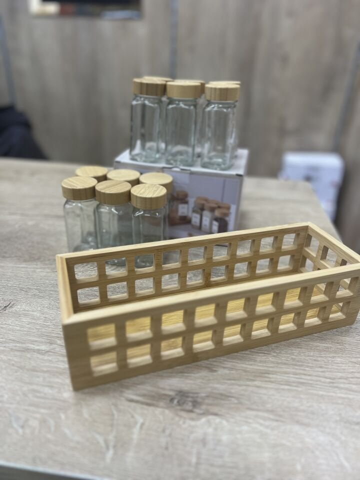 12Lİ BAMBU BAHARATLIK ETİKET HEDİYELİ (KASA DAHİL)