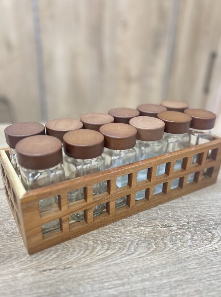 12Lİ AKASYA BAHARATLIK SET ETİKET HEDİYELİ (KASA DAHİL)