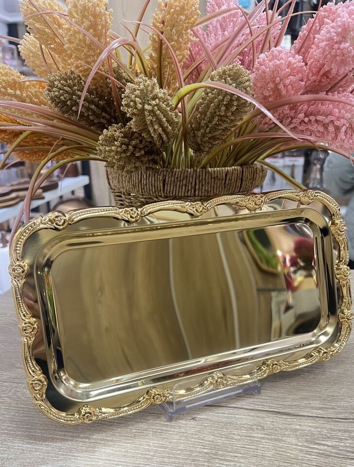 DGN- DİKDÖRTGEN GÜL KENAR GOLD TEPSİ 17x33CM
