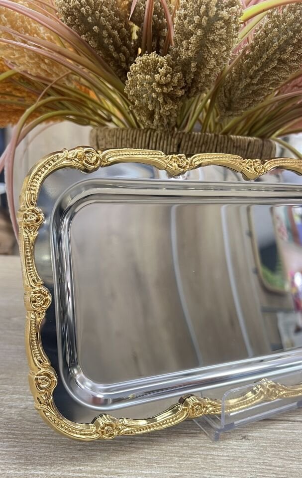 DGN- DİKDÖRTGEN GÜL KENAR GÜMÜŞE GOLD TEPSİ 17X33cm