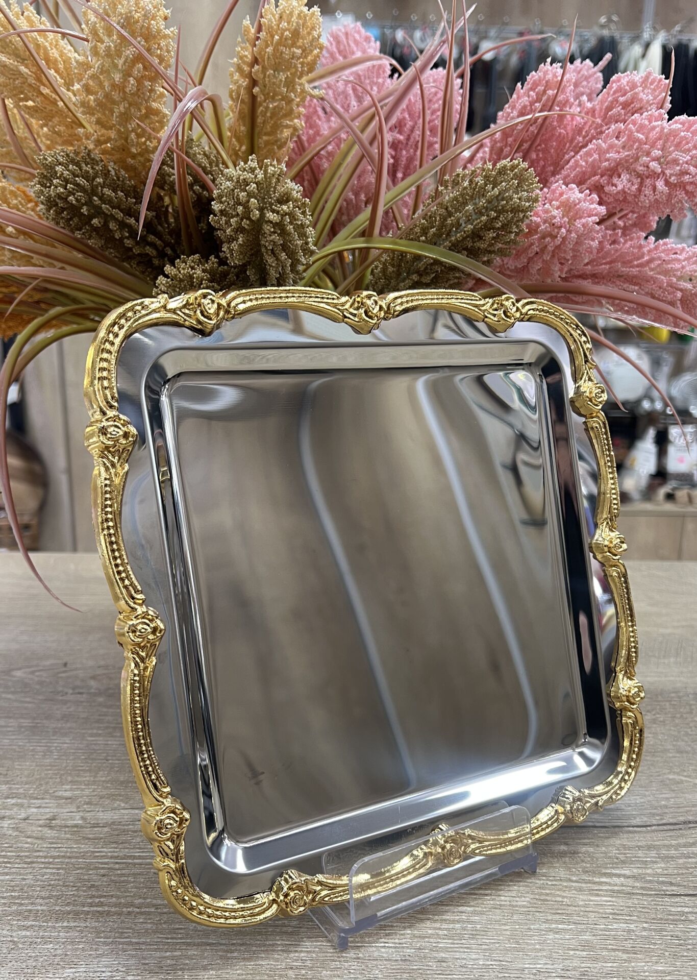 DGN- KARE GÜL KENAR GÜMÜŞE GOLD TEPSİ 23x23cm