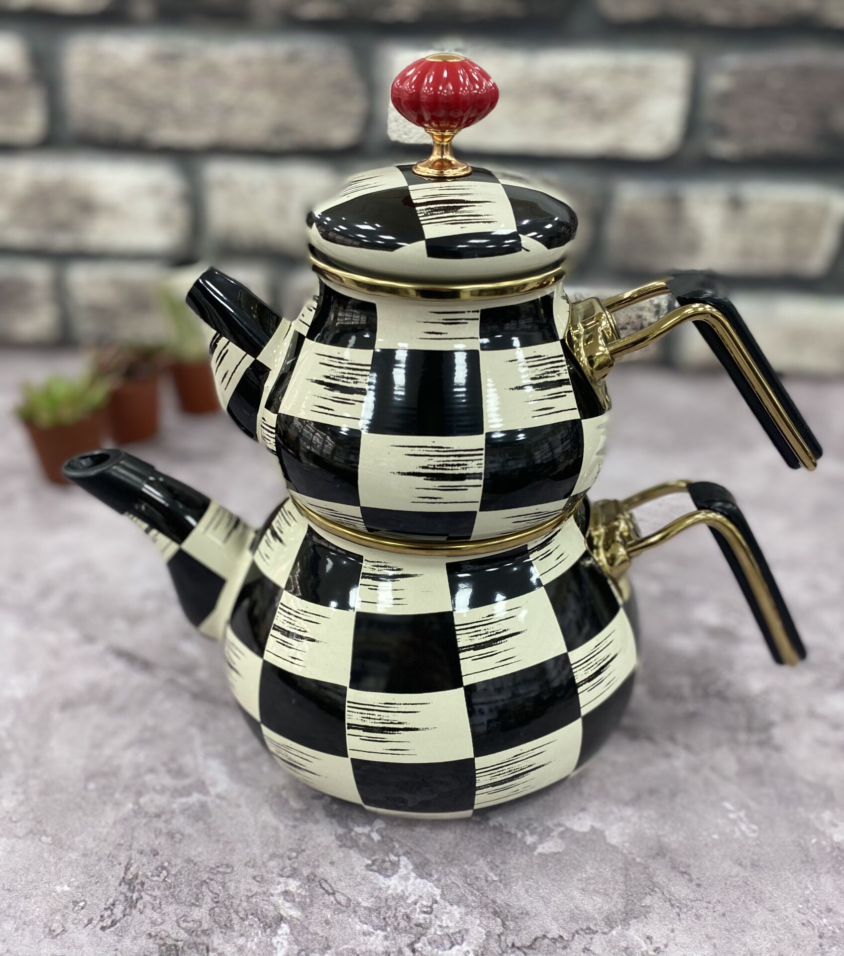 Acar Damalı Tombul Emaye Çaydanlık