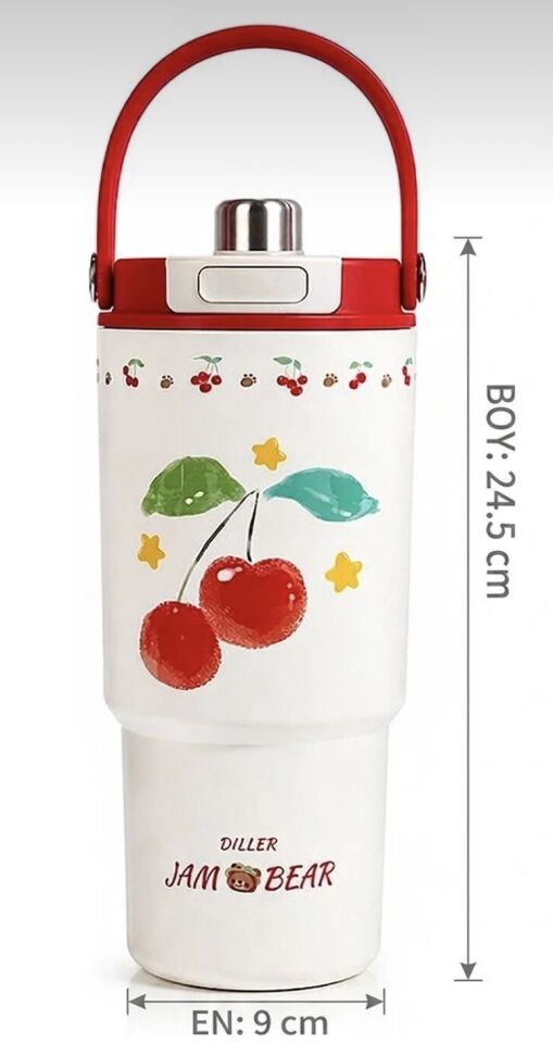D9505- 880ML TEK KAPAK ÇİFT İÇİM ÇELİK TERMOS KİRAZLI