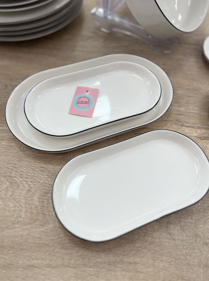 1 Adet Porselen Siyah Detay Büyük Boy Kayık Tabak (25cm)