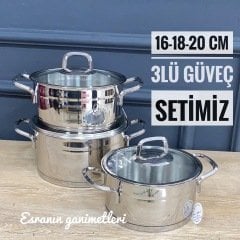 Kahramanlar Sırma 3lü Çelik Güveç Tencere Seti 16/18/20cm