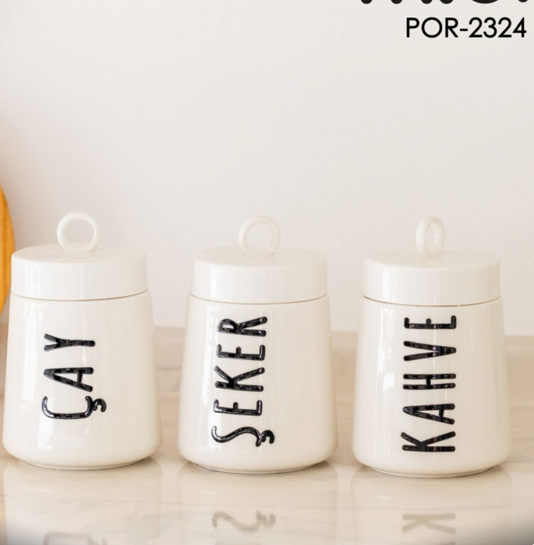 3lü Porselen Vakum Büyük Kapaklı Baharat Set