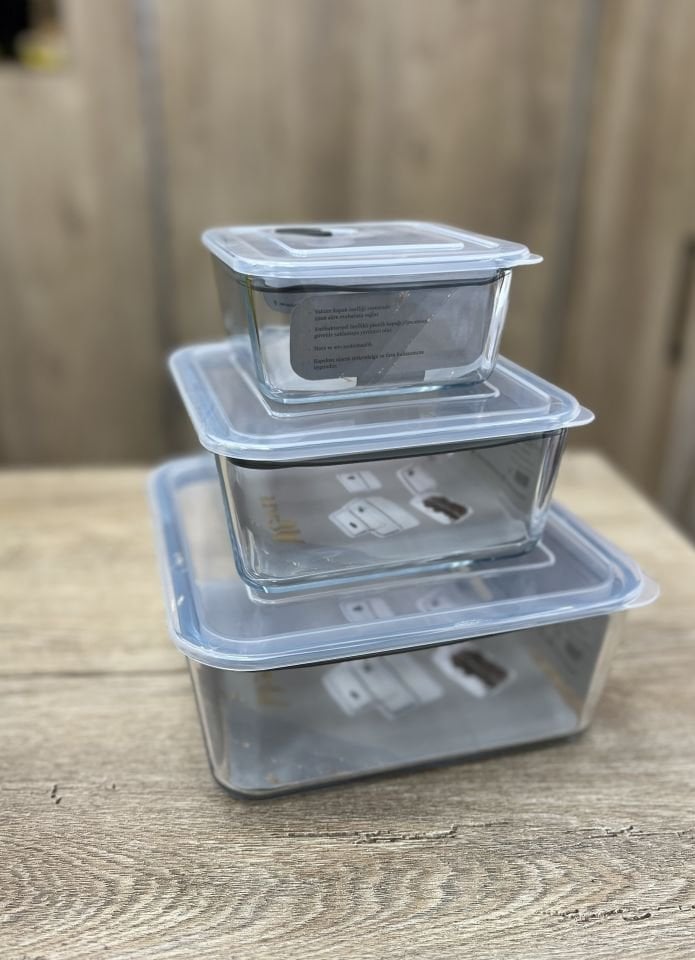 Olivya  3lü Cam Kare Cam Saklama Kabı