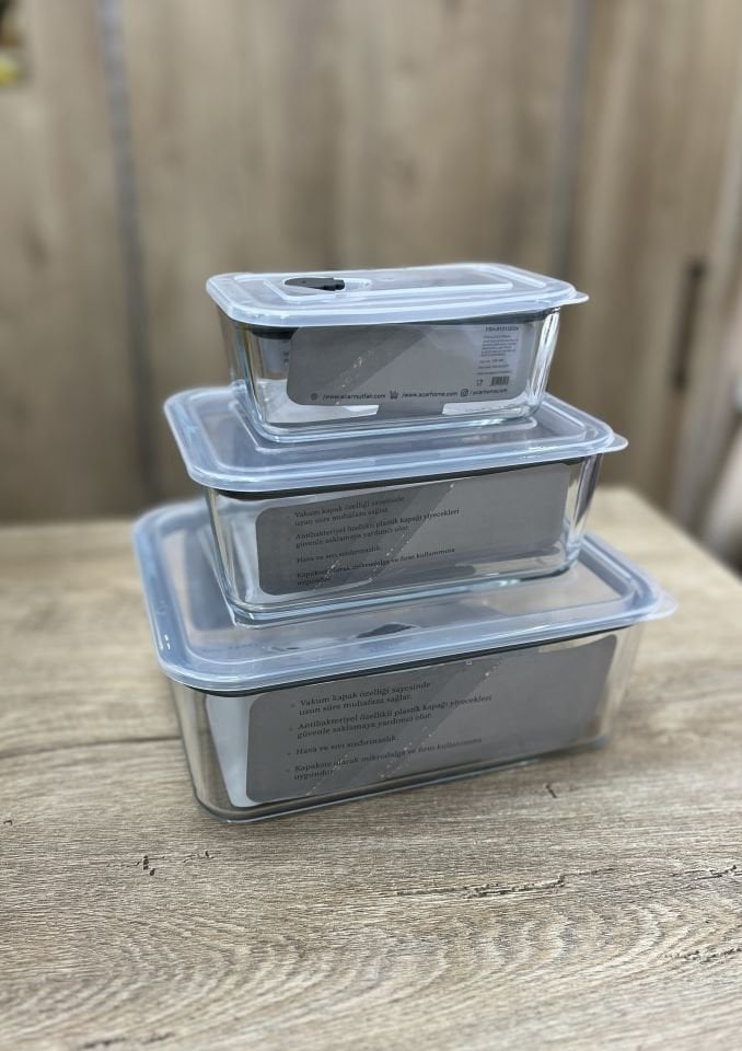 Olivya  3lü Cam Dikdörtgen Cam Saklama Kabı