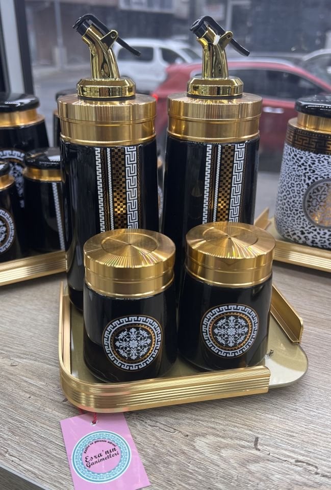 Acar Cellini Cam Tepsili 5li Yağlık-sirkelik-tuzluk set