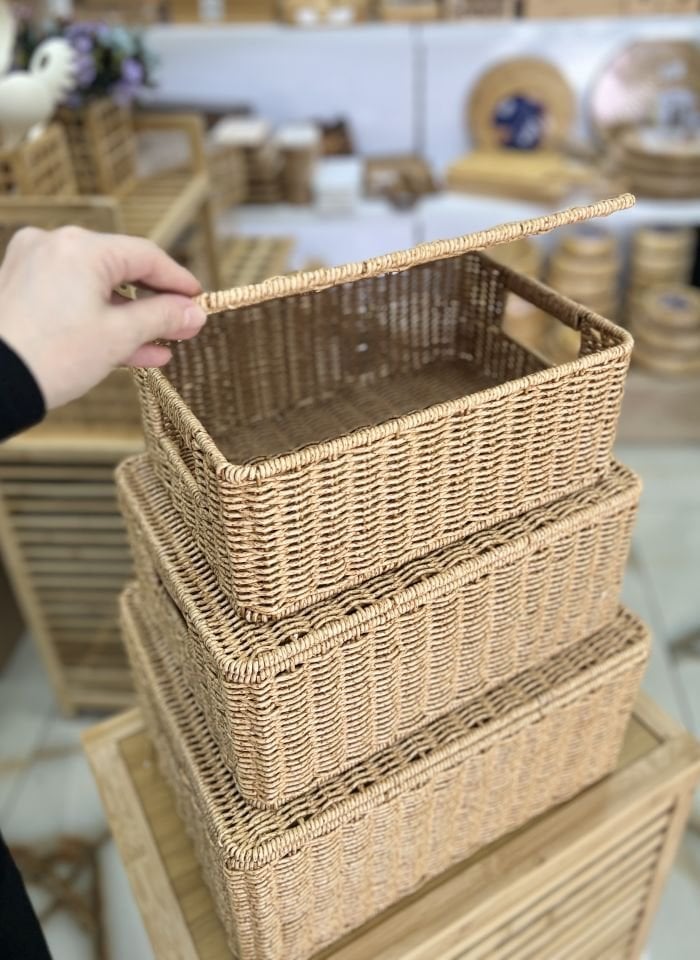 Rattan 3lü Kapaklı Sepet Organizer Set