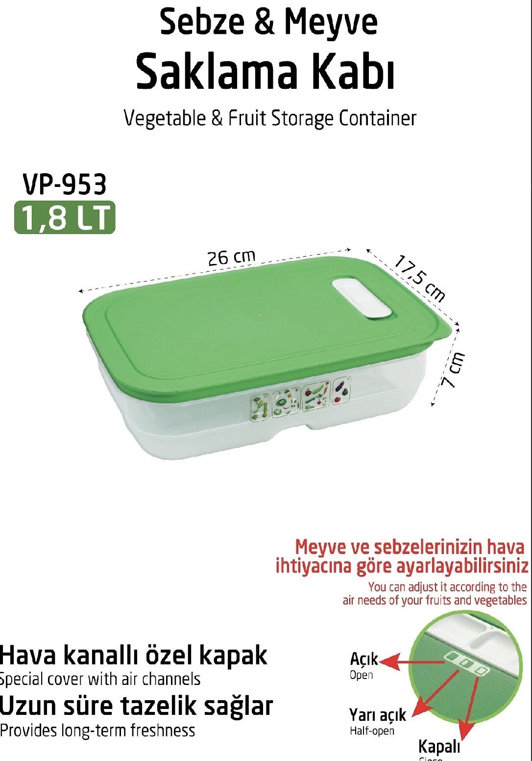 VP-953 YEŞİLLİK SAKLAMA KABI 1.8 LİTRE