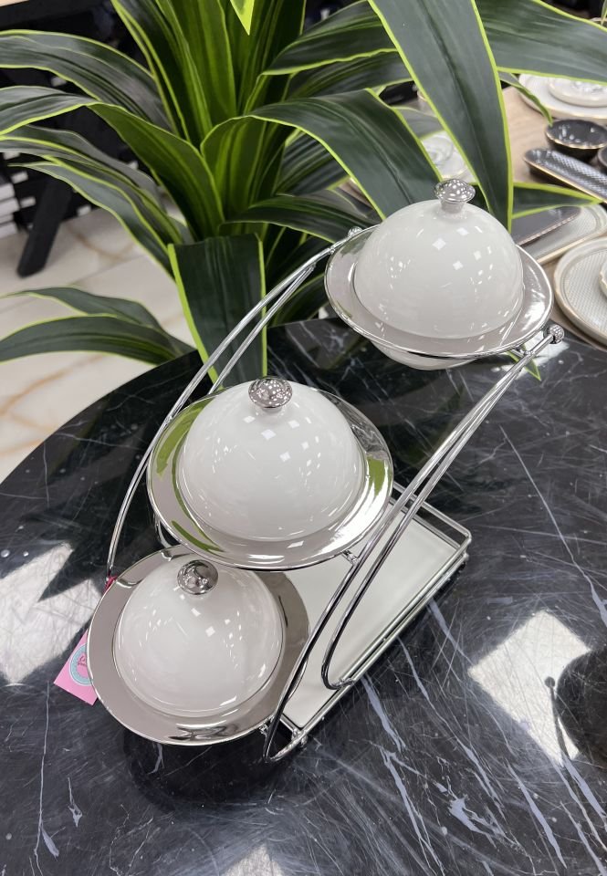 3lü Standlı Lüks Porselen Set (Kasesi Büyük)